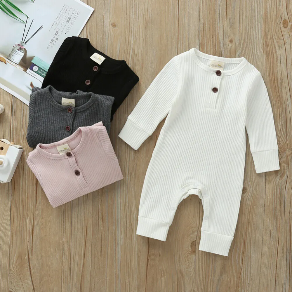 Baby Boy Girl Button Romper One Piece Solid Color Knit Ribbed Jumpsuit