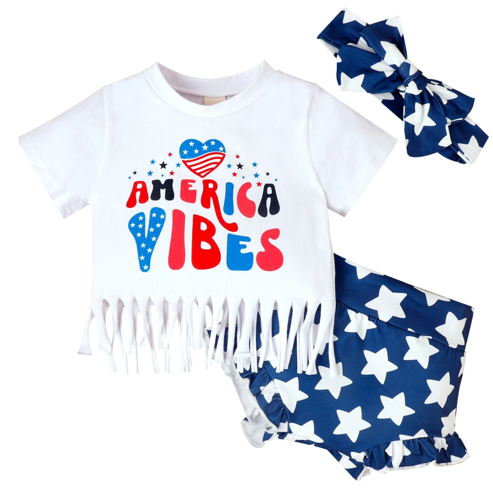 Girls Shorts Set, Letters Tasseled T-shirt + Stars Shorts + Hairband