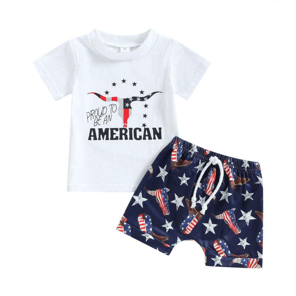 Boys White Short Sleeve Tops + Cattle Head Print Drawstring Shorts