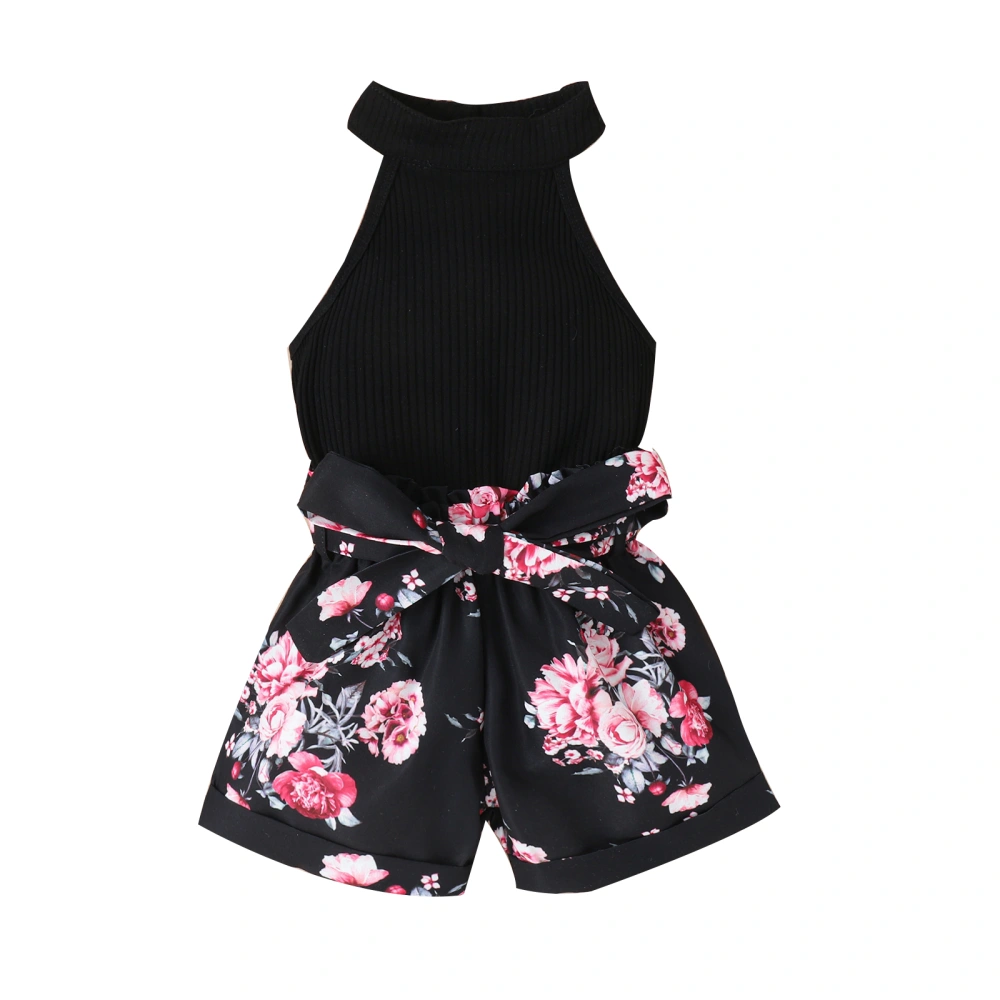 Kids Girls Summer Outfit Ribbed Tank Tops and Floral Shorts with Belt