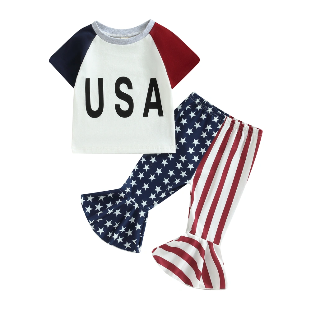 Girls Pants Set, Letters T-shirt with Stars Stripes Print Pants