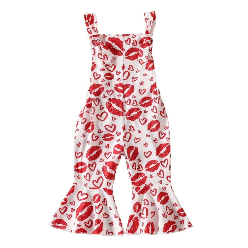 Kids Girls Suspender Pants, Sleeveless Lips Heart Print Flare Pants