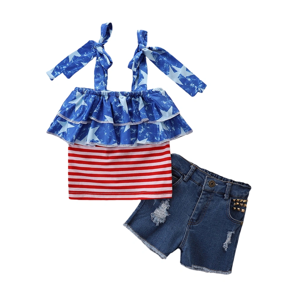 Toddler Girls 2Pcs Outfits, Off Shoulder Strap Tops + Denim Shorts