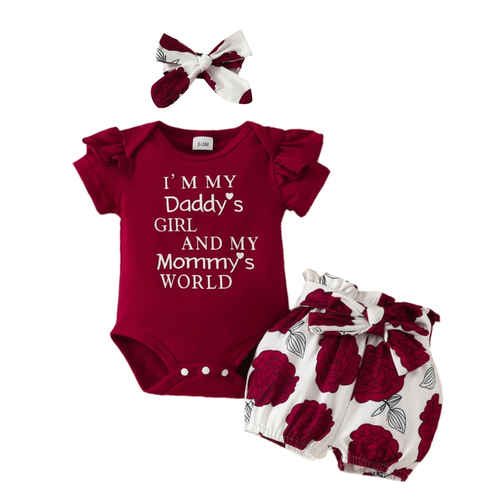 Infant Baby Girls Clothes Set Letter Print Romper Shorts Headband Set