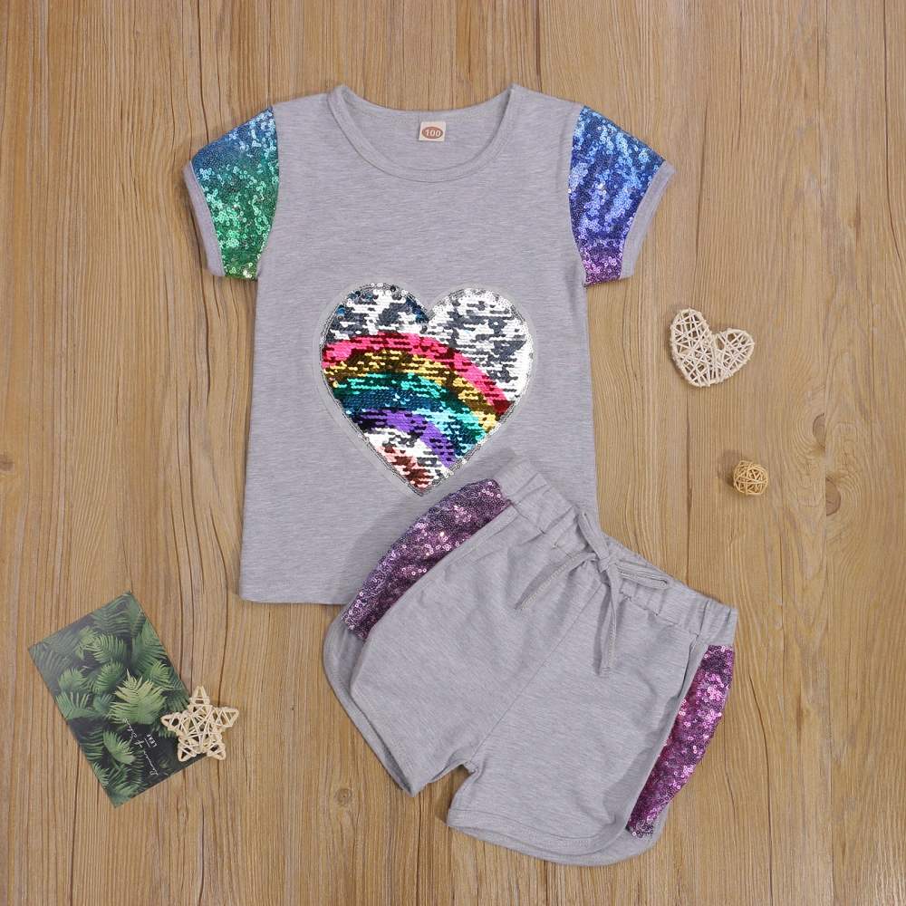 Girl’s Fashion Heart Sequin Short Sleeve T-shirt and Shorts Set