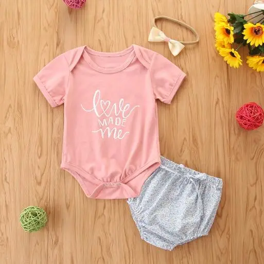 Toddler Short Sleeve Romper + Shorts + Bow Hair, Letter Print