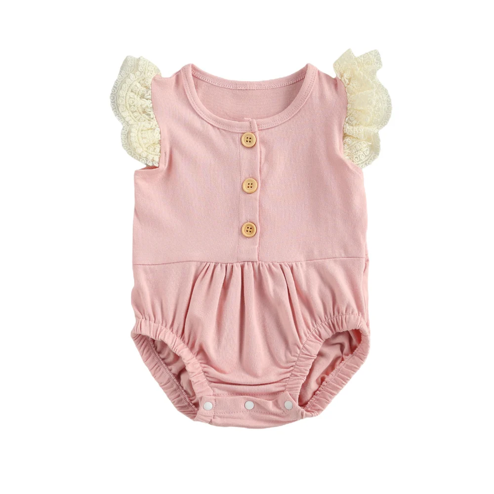 Infant Lace Flying Sleeve Romper, Button Folding Elastic Clothing