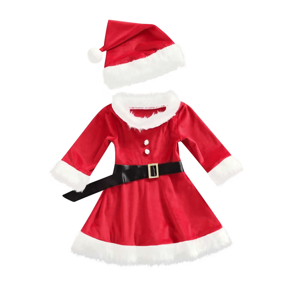 Girls Christmas Skirt Set, Fluffy Boat Neck Dress + Hat + Waist Belt