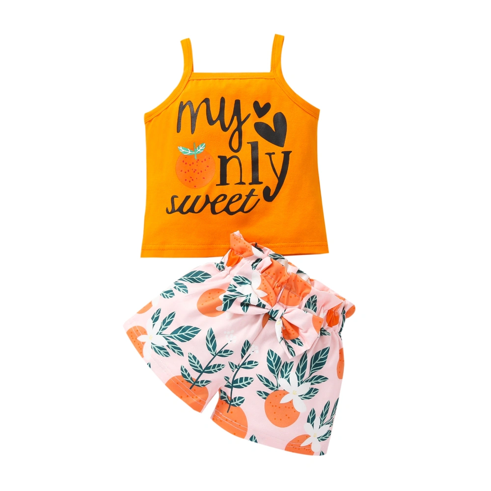 Girl’s Letter Suspender Tops and Bow Printing Short Pants Set