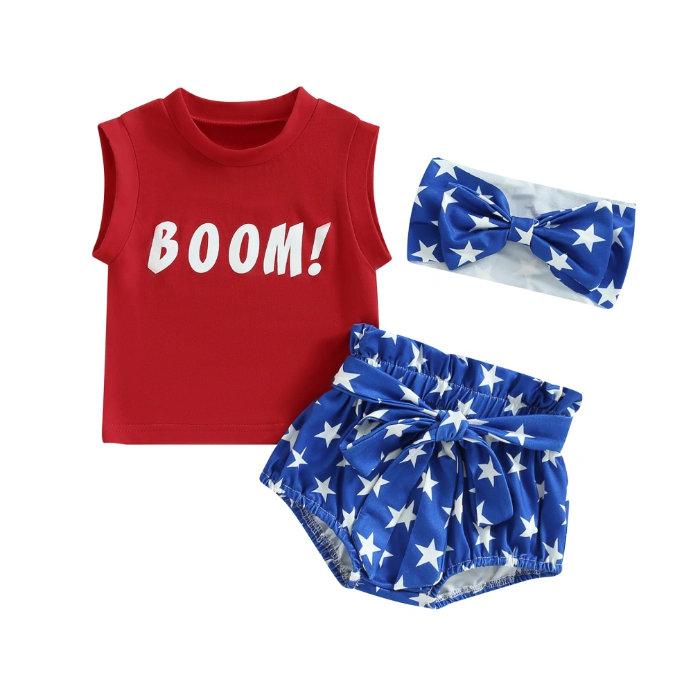 Baby Girls Shorts Set, Letters Vest + Tie-up Stars Shorts + Hairband