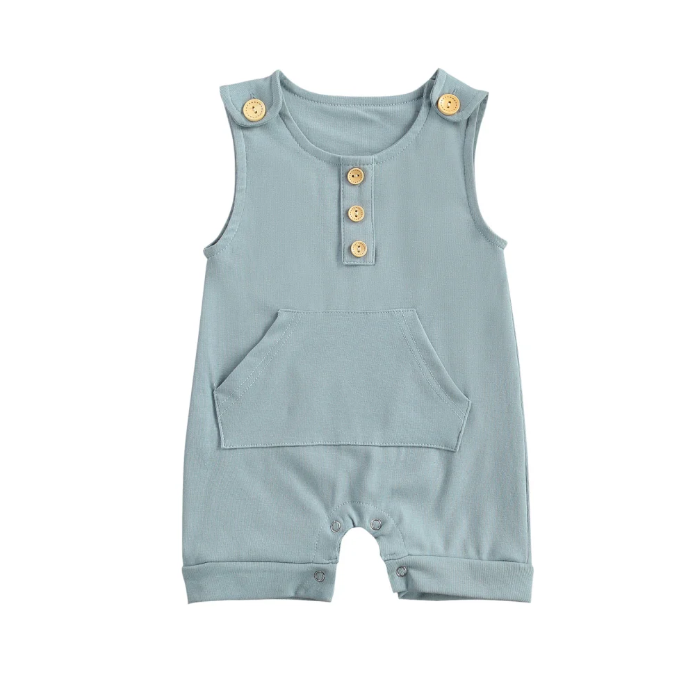 Baby Solid Color Short Romper, Sleeveless O-neck Jumpsuit with Pocket