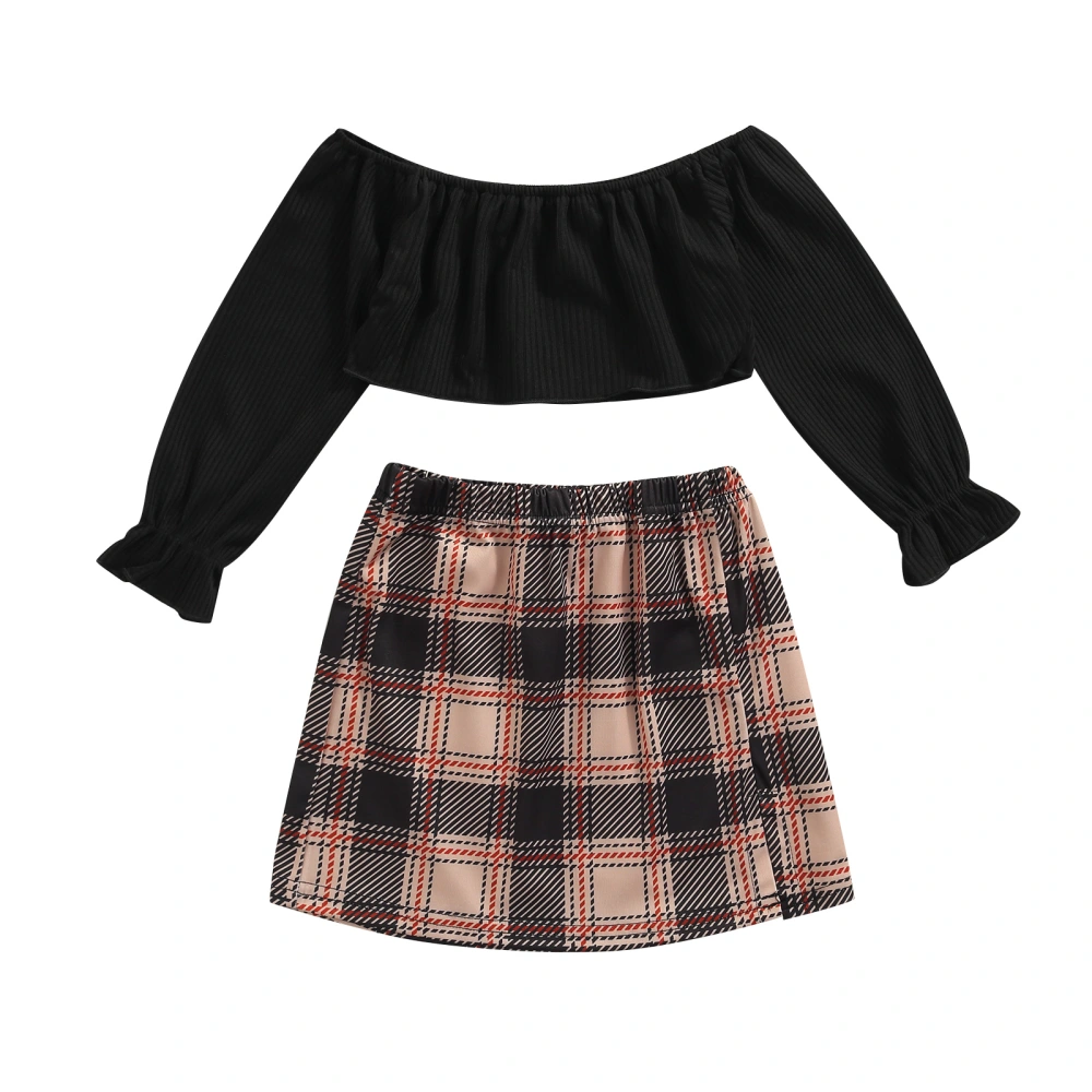 Off-shoulder Solid Color Long Sleeve Crop Tops + Slit Plaid Skirt