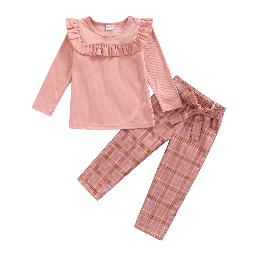 Baby Girl Round Neck Ruffle Knitting Tops Plaid High Waist Bow Pants