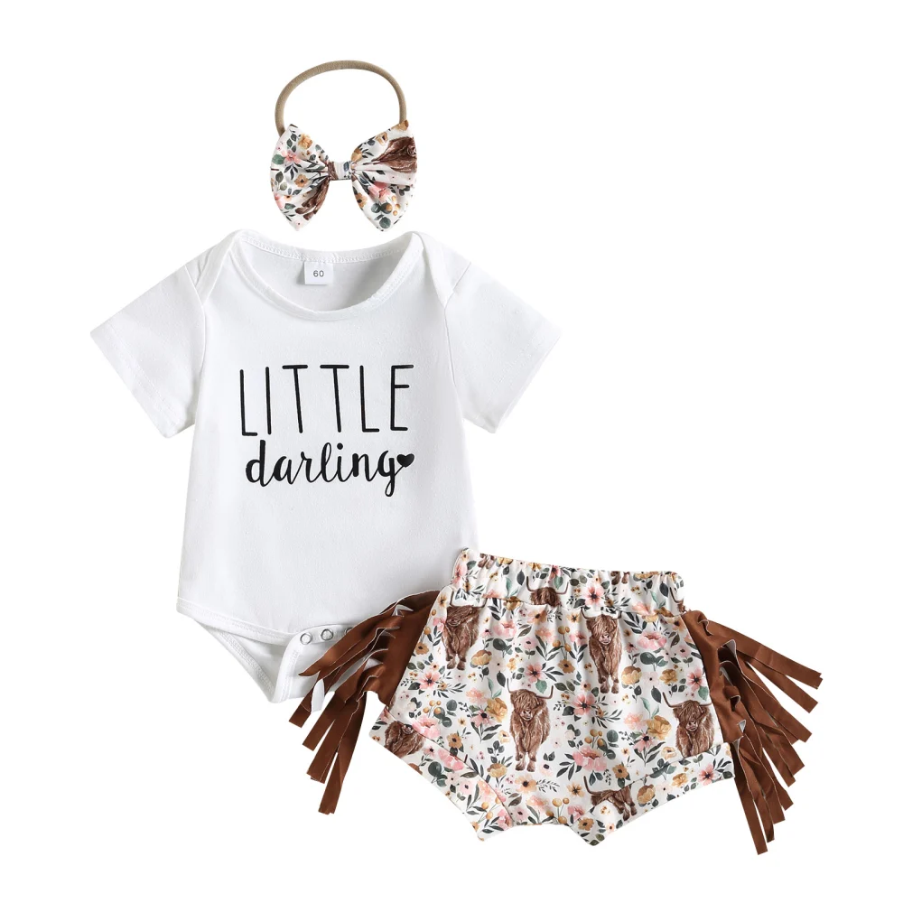 Baby Girls Outfits Letter Print T-shirt and Tassel Shorts Headband 