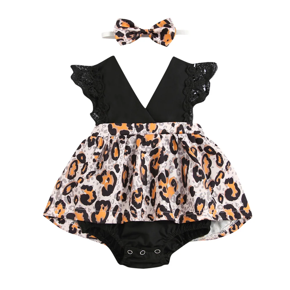 Baby Leopard Print Clothes Set, V-neck Jumpsuit+Bow-knot Headband