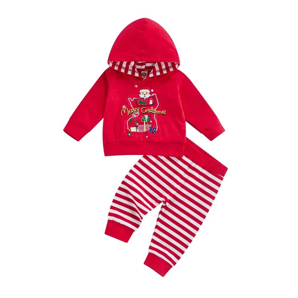 2Pcs Kids Christmas Outfit, Hooded Sweatshirt + Elastic Stripe Pants