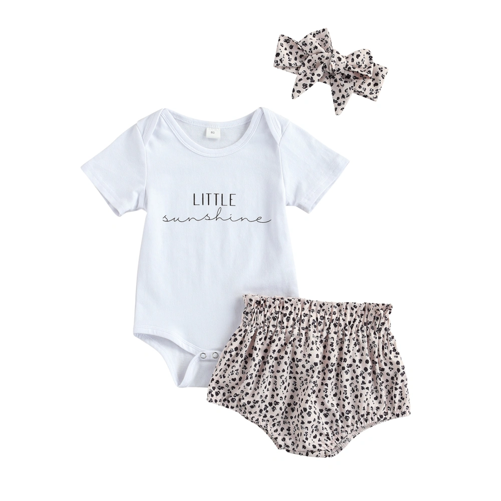 Baby Summer Outfits, Letter Print Romper + Leopard Shorts + Headband