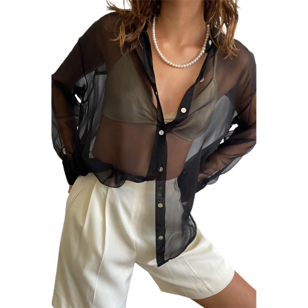 Women's Blouse, Lapel Collar Long Sleeve See-Through Loose Shirt