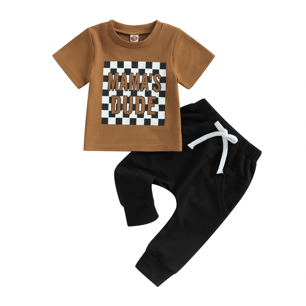 Baby Boys Pants Set, Short Sleeve Plaid Letters Print T-shirt + Pants