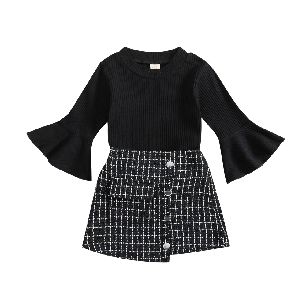 Girl Solid Color Ribbed Flare Long Sleeve Tops + Plaid Button Skirt