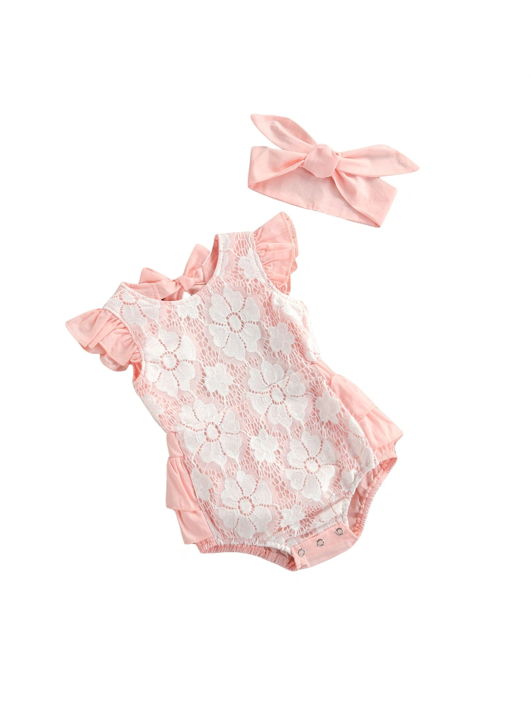 Baby Girl’s Fashion Solid Color Lace Fly Sleeve Romper and Headband