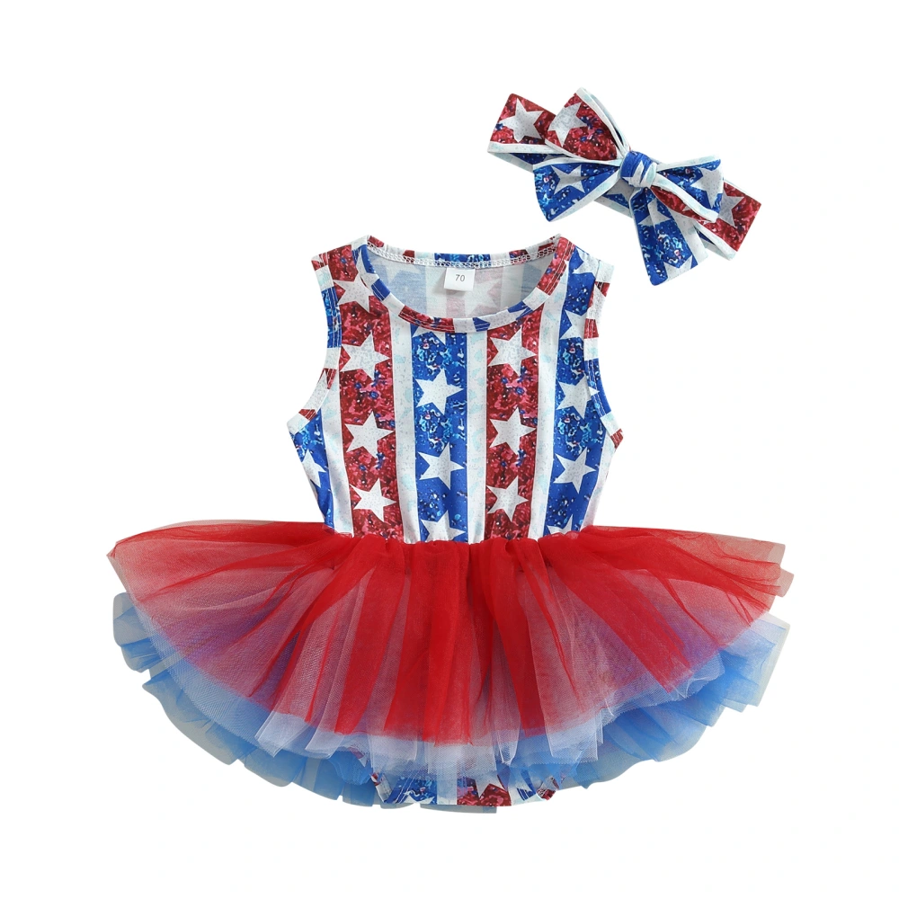 Girl Star Print Short Tulle Dress with Crotch Buttons + Headband 