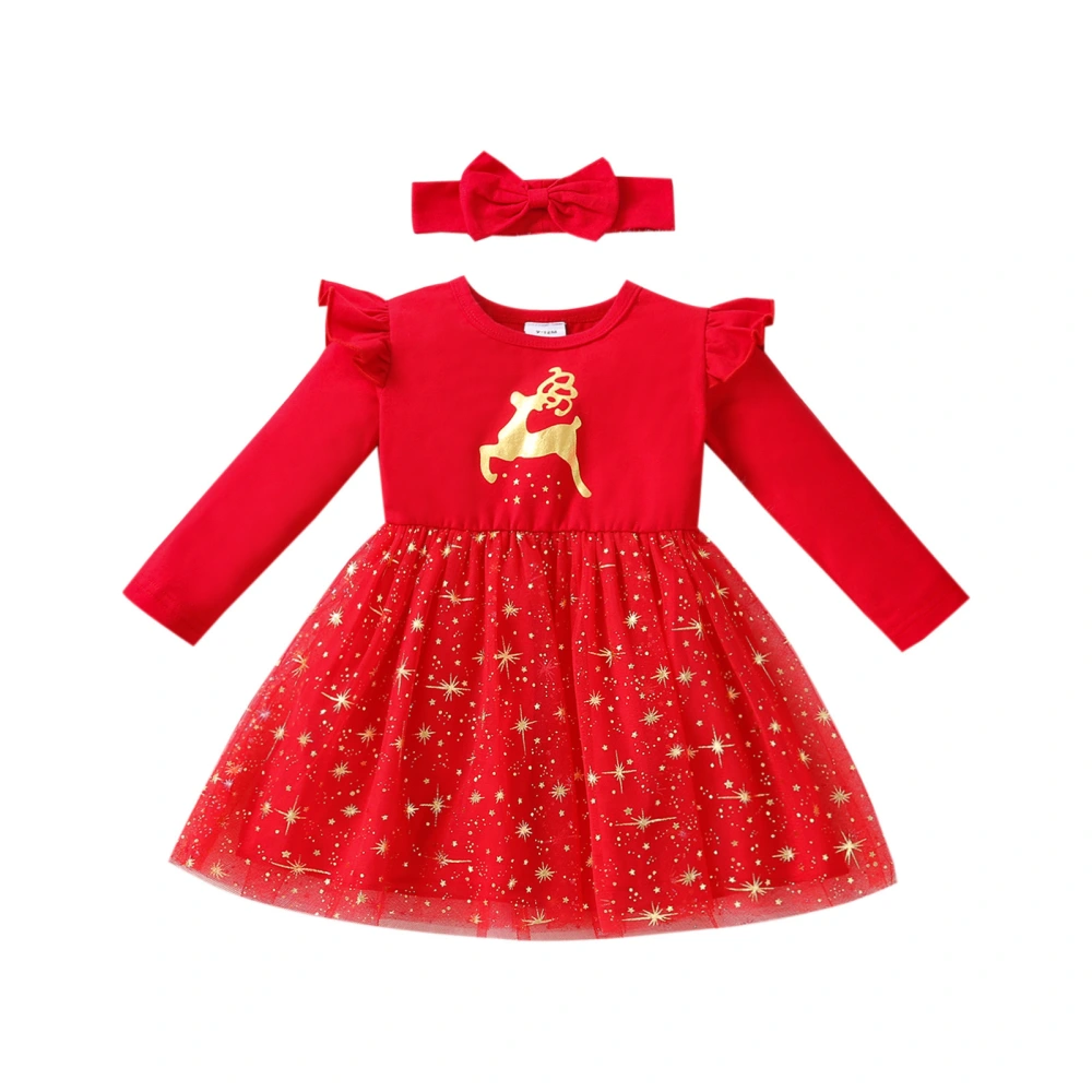 Kids Elk Star Patterns Round Neck Long Sleeve Dress with Headband