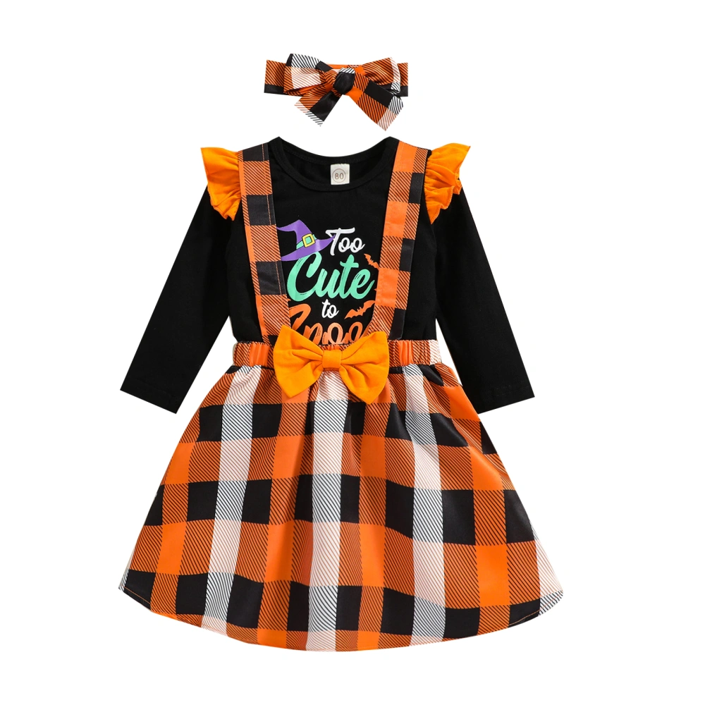 Girl’s Letter Long Sleeve T-shirt and Plaid Suspender Skirt & Headband