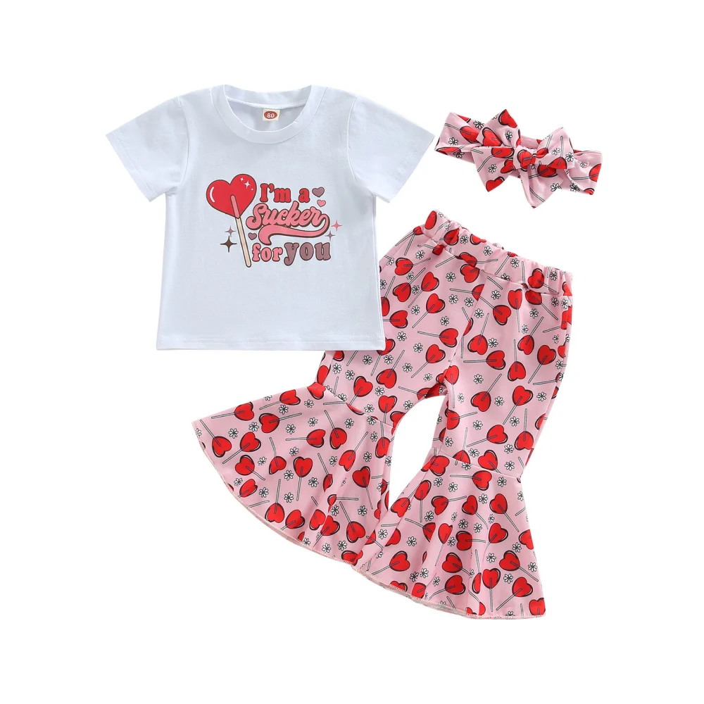 Girls Pants Set, Letters Print T-shirt + Heart Flare Pants + Headband