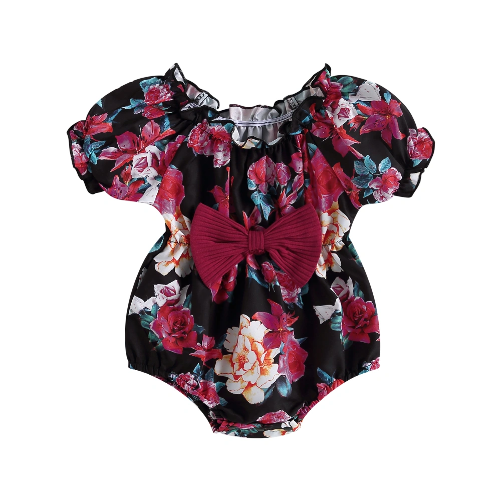 Baby Girl Romper, Short Sleeve Floral Print Elastic Waist Bodysuit