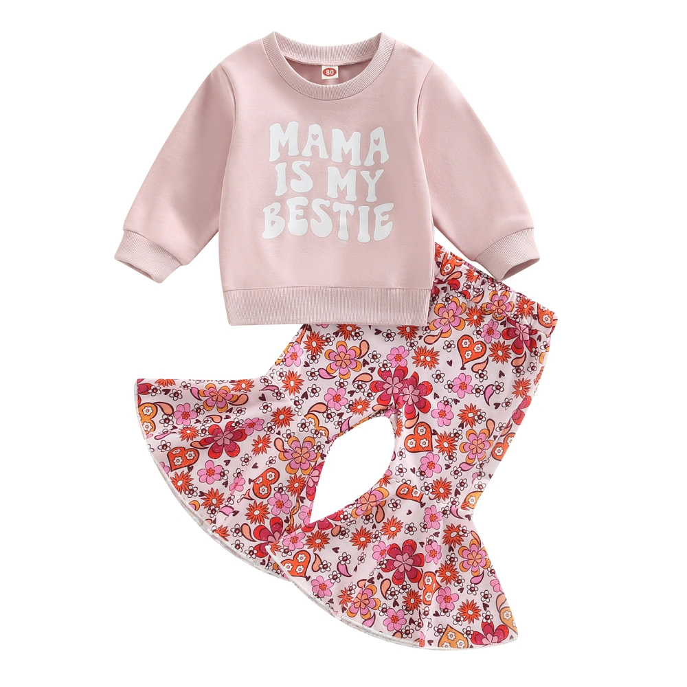 Toddler Girl Spring Outfits, Letter Pullover + Floral Flare Pants Set