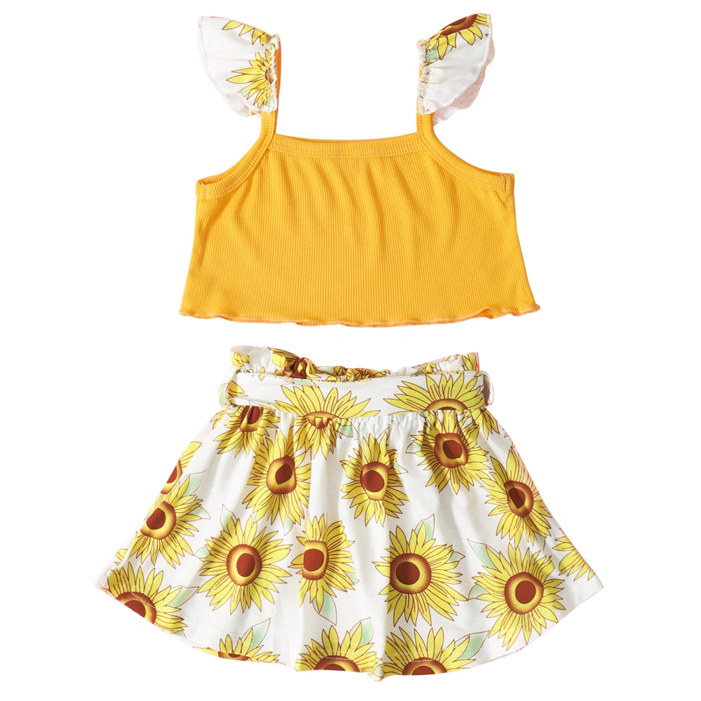 Girls Casual Two-piece Clothes Set, Yellow Sleeveless Tops and Skirt