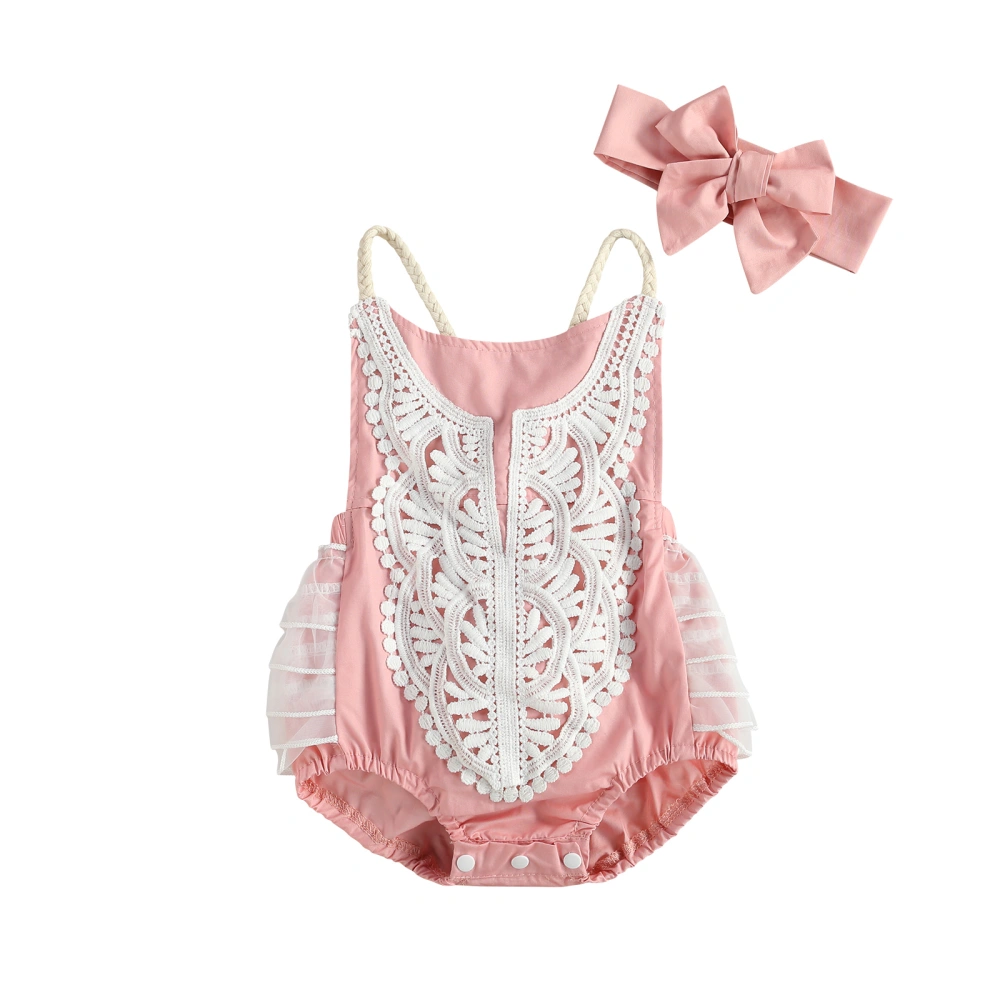 Baby's Two Piece Set, Sleeveless Romper Embroidery Bodysuit Hair Band