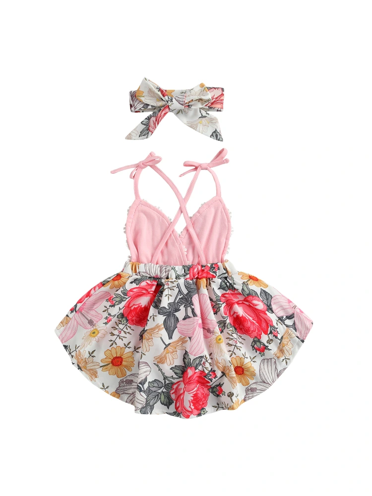 Baby Girls Summer Outfit, Floral Lace-Up Backless Romper + Hairband