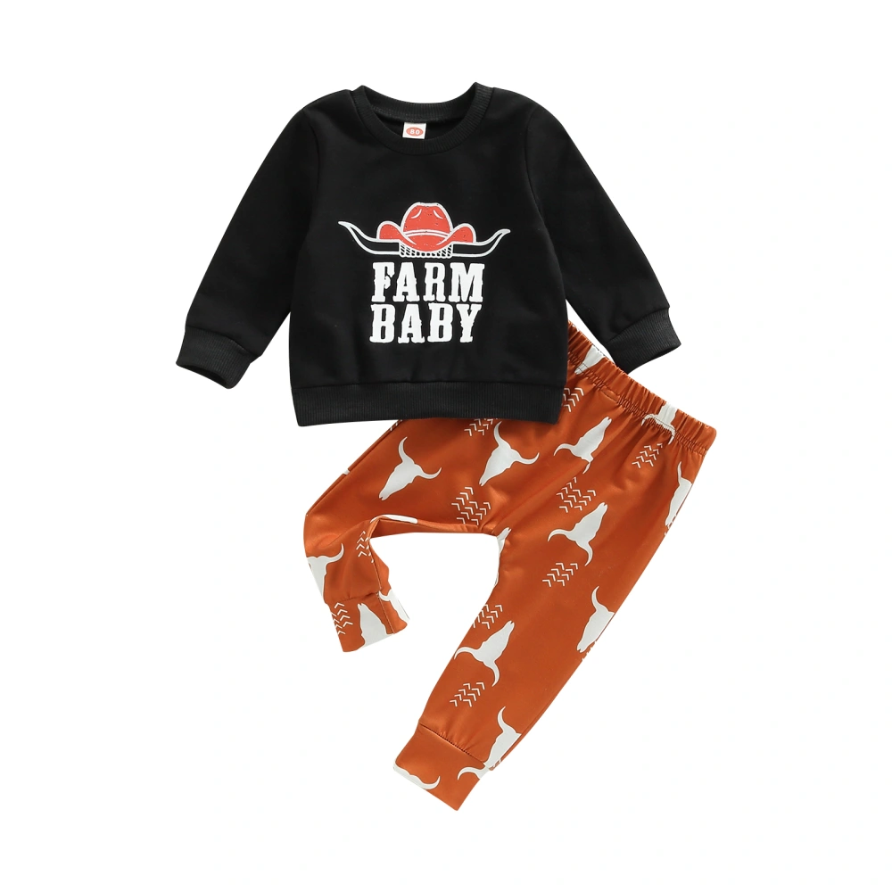 Boys Black Long Sleeve Letter Print Pullover + Cow Head Print Pants