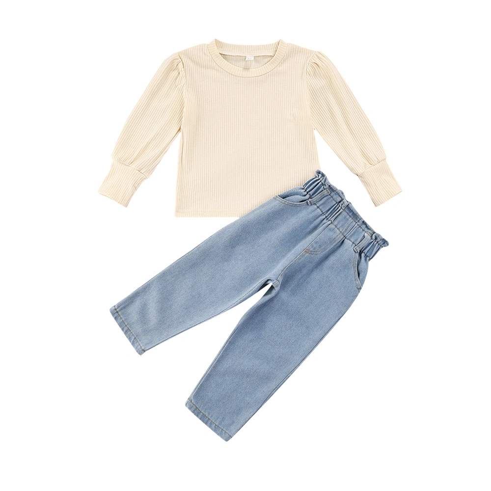 Solid Color Puff Sleeve Round Neck Pullover + Jeans with Pockets