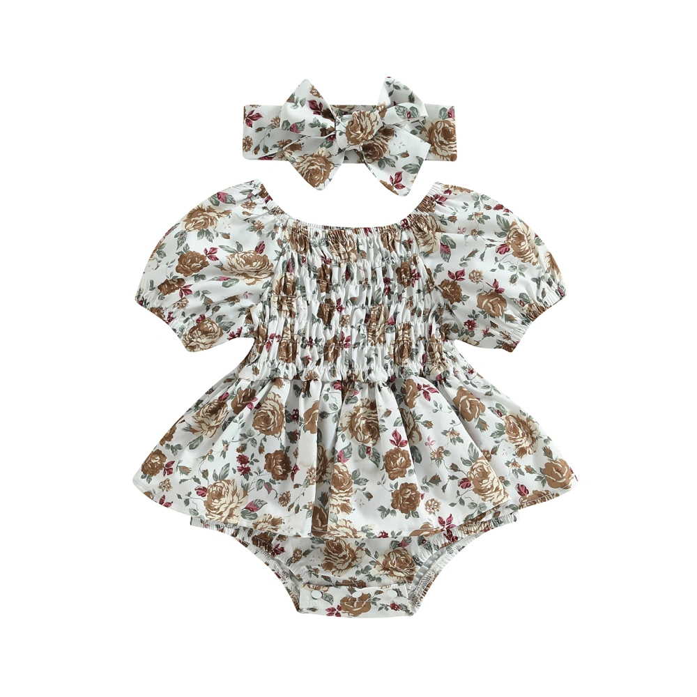 Baby Girls Summer Short Sleeve Floral Playsuit with Headband