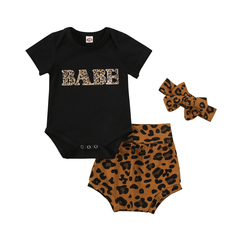 Baby Three-Piece Suit, Leopard Print Romper + Shorts + Headwear