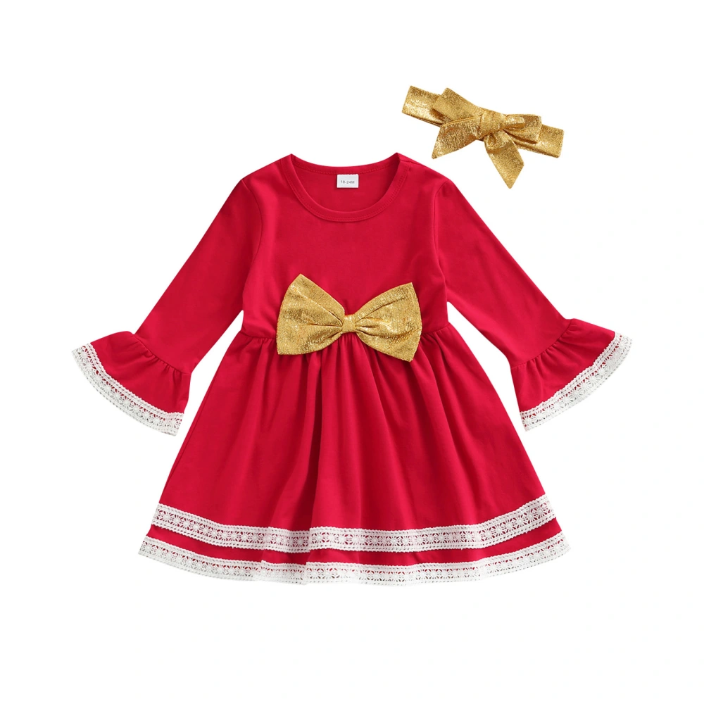 Kids Contrast Color Round Neck Long Sleeve Dress with Headband