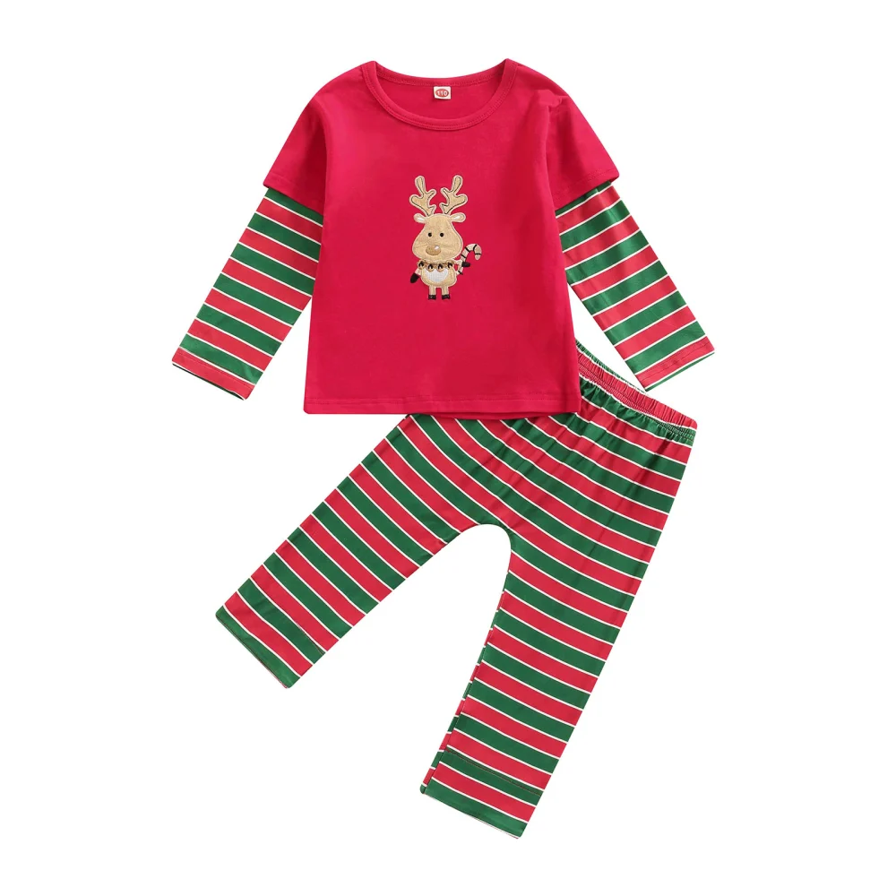 Girls Christmas Clothes Set, Deer Patchwork Tops+Striped Pant