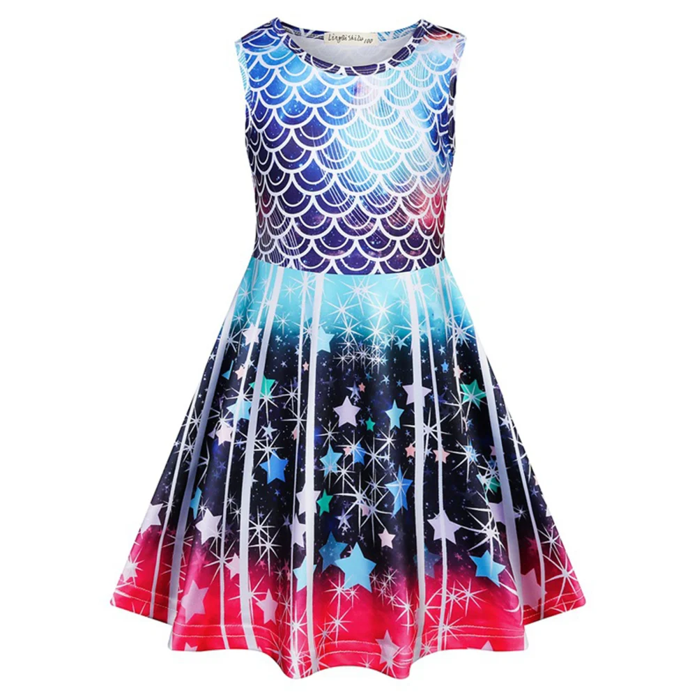 Gradient Sleeveless Fish Scale & Starry Sky Print Round Neck Dress