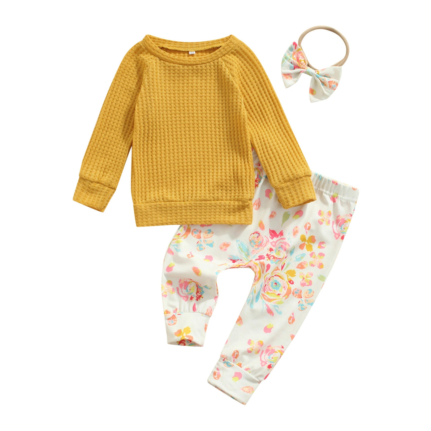 Baby Clothes Set, Solid Color Tops+Floral Print Trousers+Headband