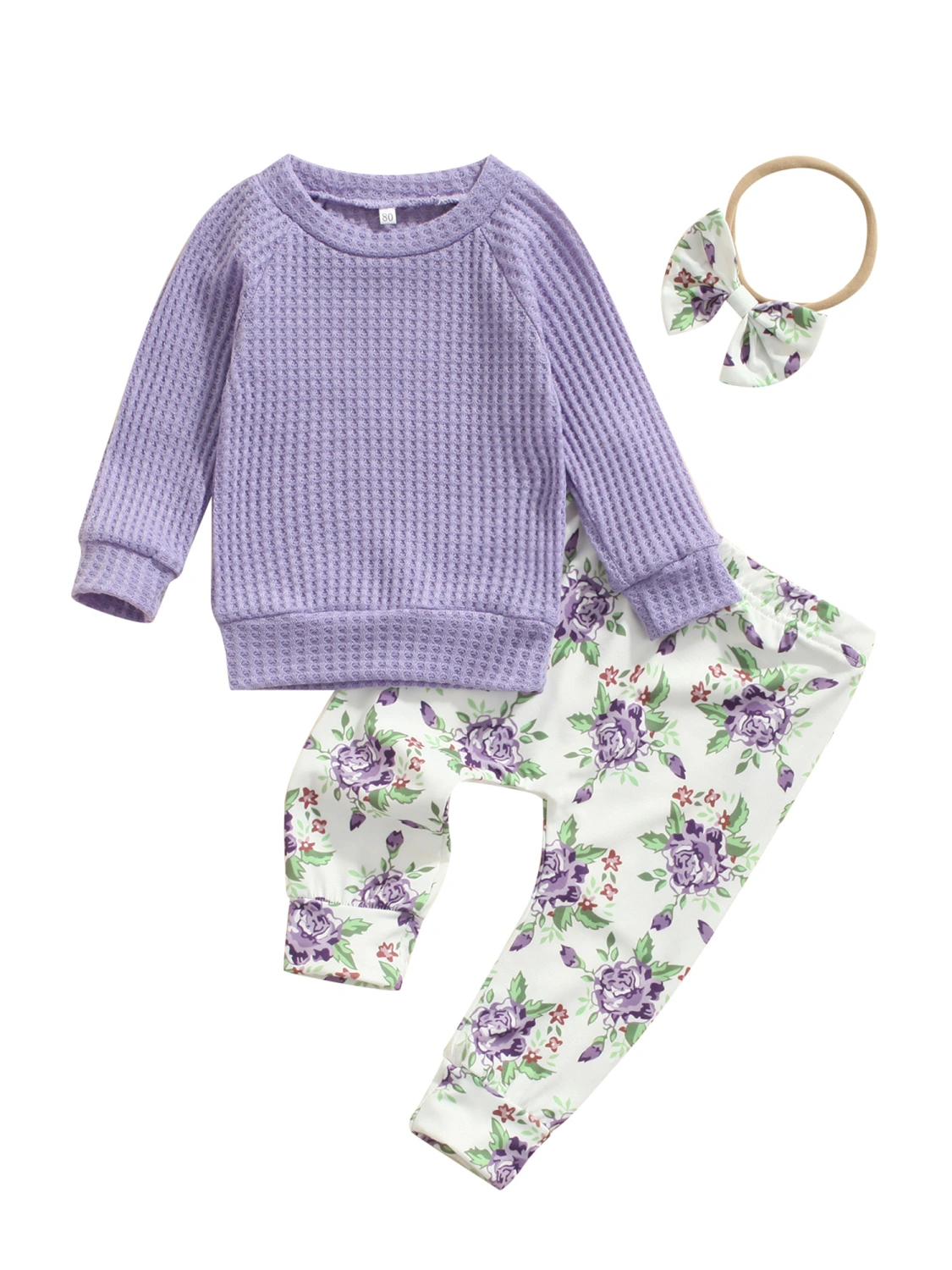 Baby Clothes Set, Solid Color Tops+Floral Print Trousers+Headband