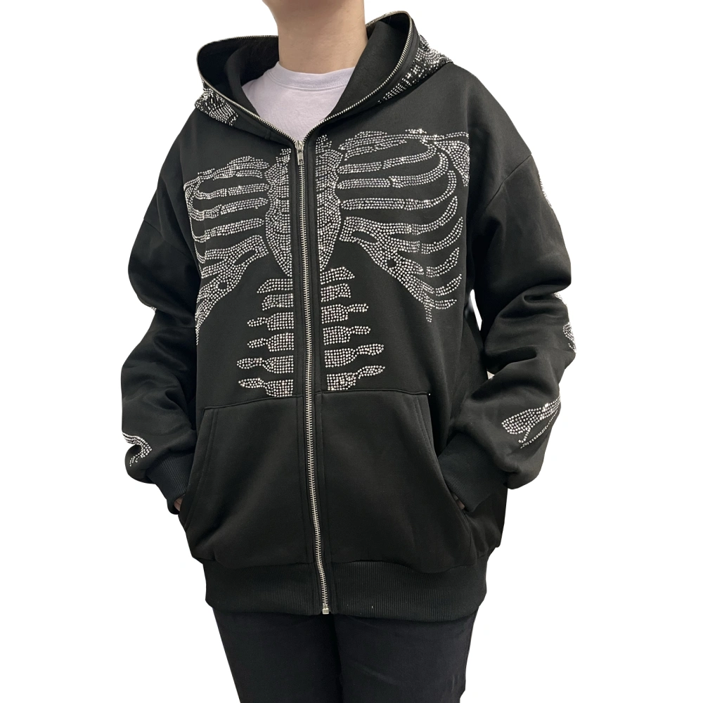 Women's Hoodie Coat, Skeleton Rhinestone Long Sleeve Zipper weatshirt