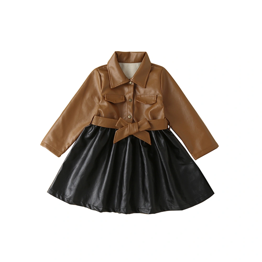 Kids Girl Dress, Long Sleeve Button Closure PU Leather Dress Jacket 