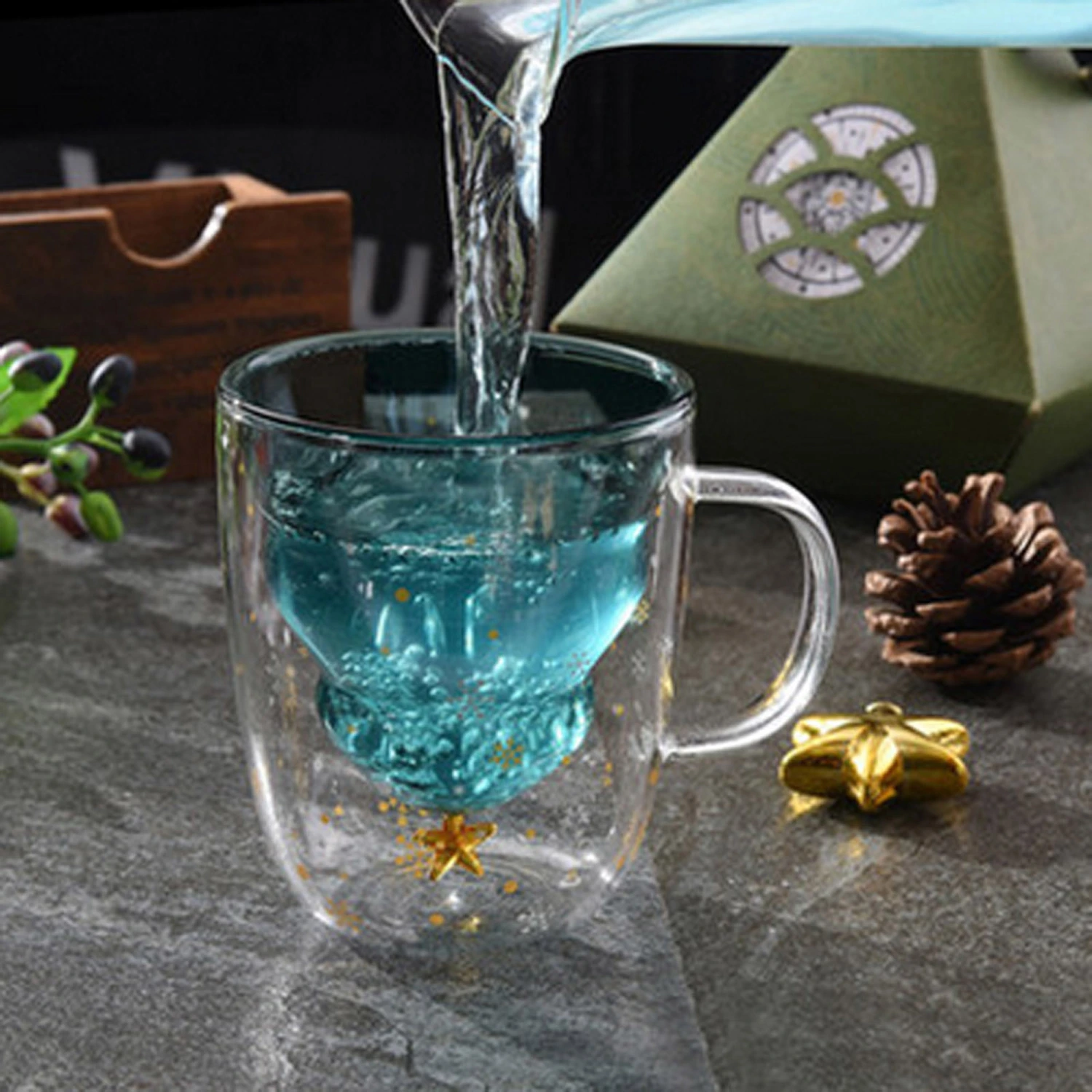 Glass Coffee Mugs, Christmas Tree Star Double-Layer Glass Mugs