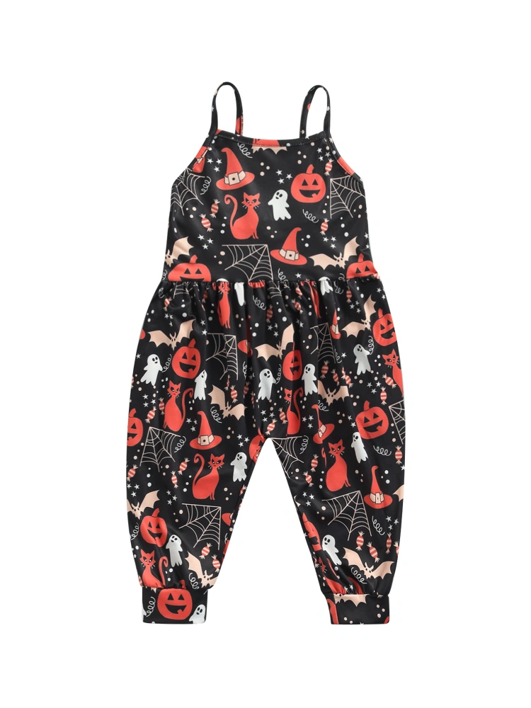 Halloween Sleeveless Jumpsuit, Pumpkin Print Spaghetti Strap Romper