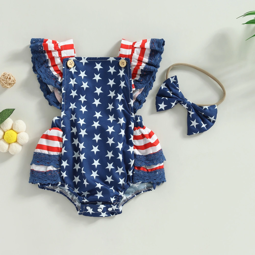 Baby Girl 4th of July Outfits, Backless Romper with Headband Set