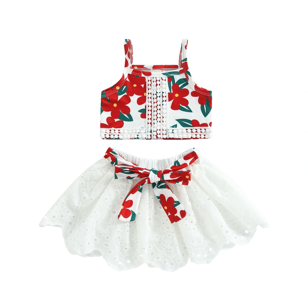 Toddler Girl Sleeveless Floral Sling Vest + White Lace Skirt with Belt