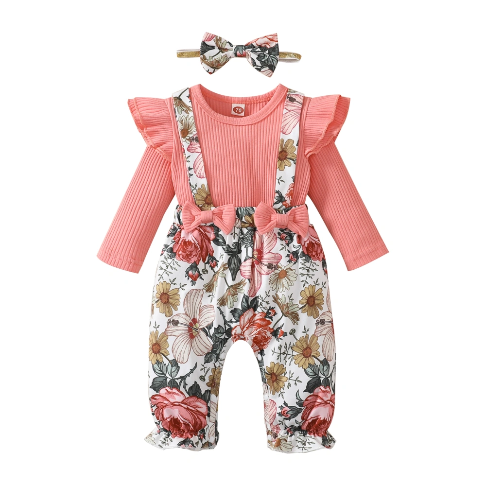 Baby Girls Jumpsuits Outfit Floral Long Sleeves Romper and Headband